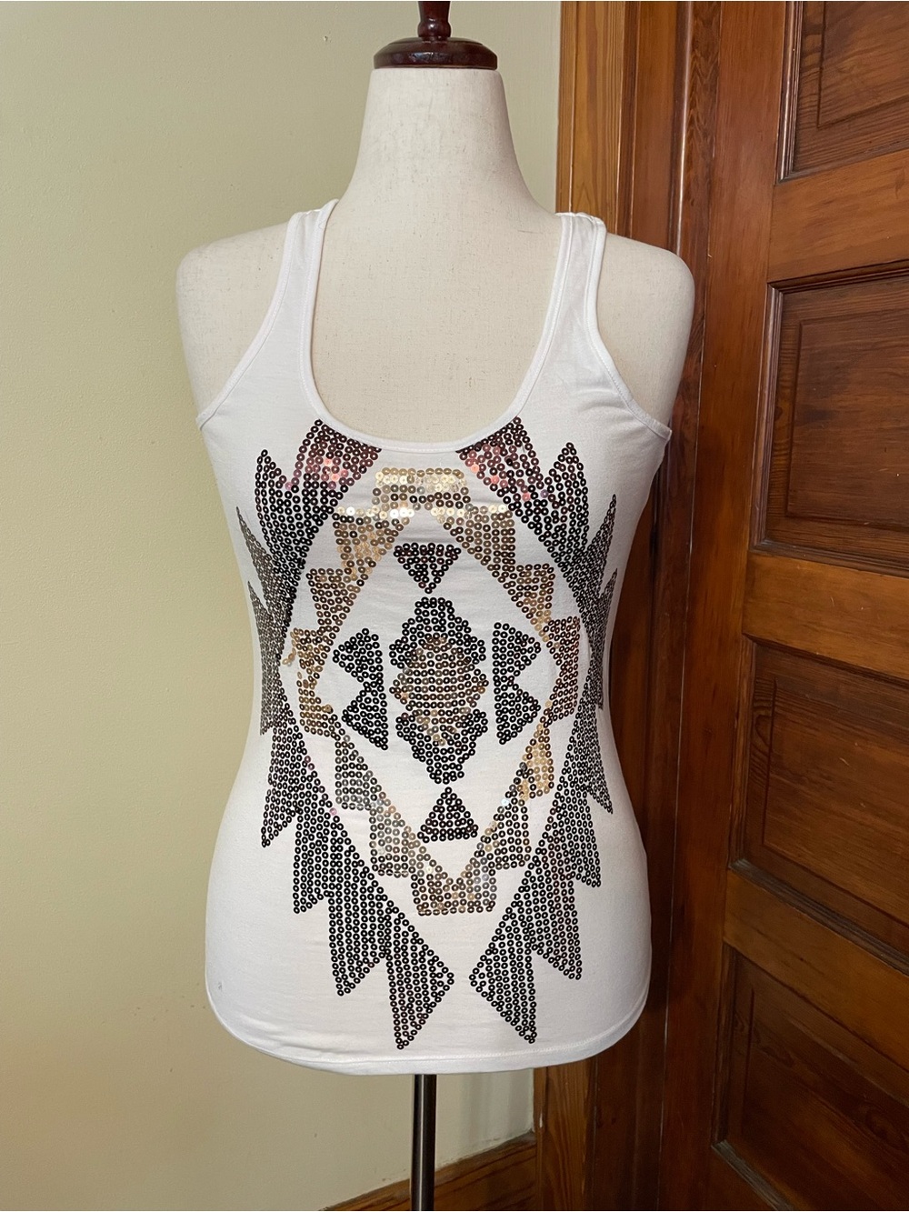 Almost Famous White Sequin Aztec Racerback Tank